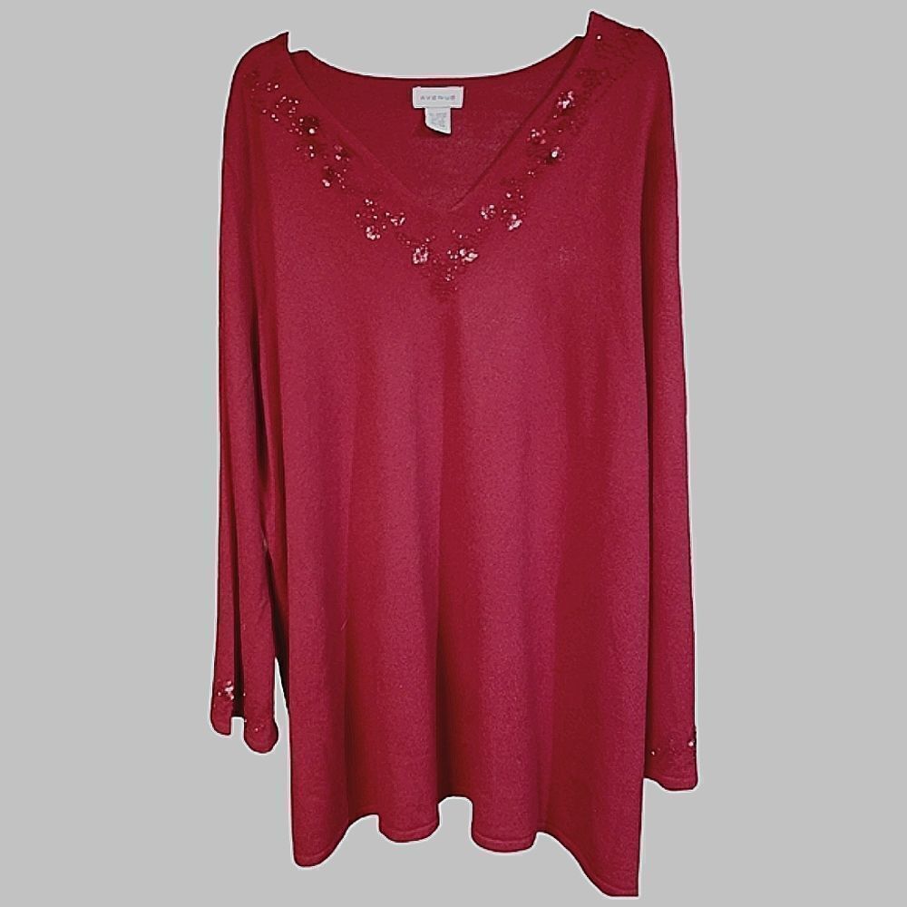 Avenue V-neck Embellished Long Sleeve Red Sweater 3X